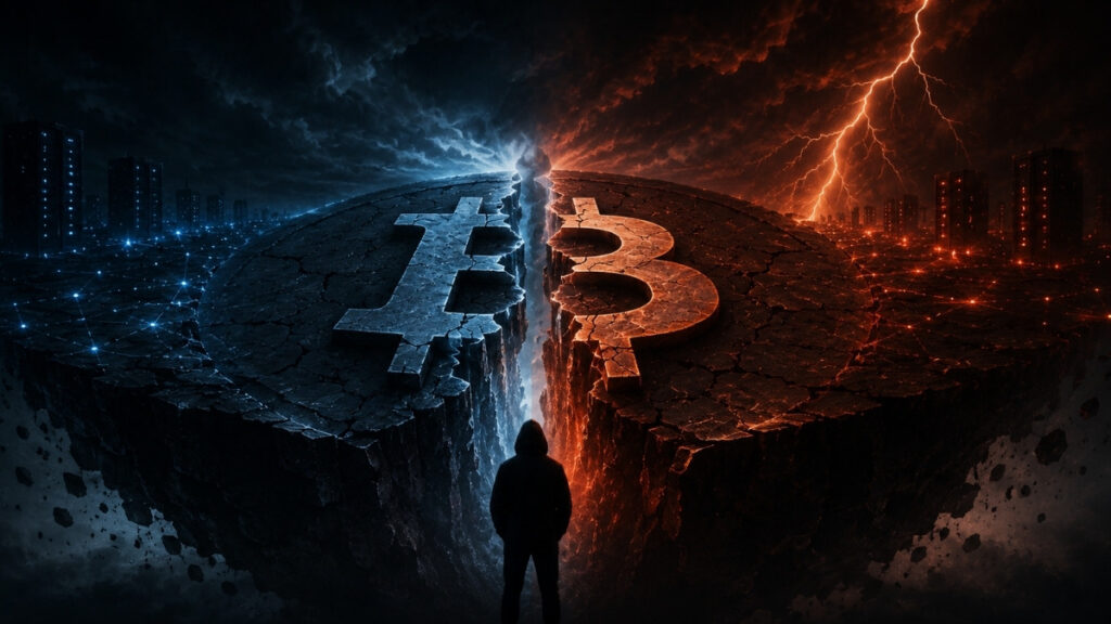 Una representación de Bitcoin dividida en dos cadenas enfrentadas, separadas por una profunda grieta y rodeadas de tormentas de tonos azules y naranjas.