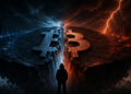 Una representación de Bitcoin dividida en dos cadenas enfrentadas, separadas por una profunda grieta y rodeadas de tormentas de tonos azules y naranjas.