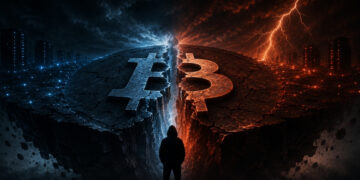 Una representación de Bitcoin dividida en dos cadenas enfrentadas, separadas por una profunda grieta y rodeadas de tormentas de tonos azules y naranjas.