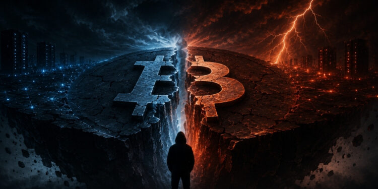 Una representación de Bitcoin dividida en dos cadenas enfrentadas, separadas por una profunda grieta y rodeadas de tormentas de tonos azules y naranjas.