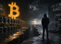 Escena cinematográfica que representa una bifurcación de Bitcoin: equipos de minería iluminados junto al símbolo de Bitcoin a la izquierda y, al otro lado de una enorme grieta, una figura observa señales hacia BLAKE2b, el ensayo de mainnet y la reversión a SHA-256d bajo un cielo oscuro.