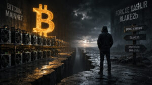 Escena cinematográfica que representa una bifurcación de Bitcoin: equipos de minería iluminados junto al símbolo de Bitcoin a la izquierda y, al otro lado de una enorme grieta, una figura observa señales hacia BLAKE2b, el ensayo de mainnet y la reversión a SHA-256d bajo un cielo oscuro.