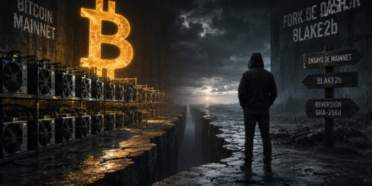 Escena cinematográfica que representa una bifurcación de Bitcoin: equipos de minería iluminados junto al símbolo de Bitcoin a la izquierda y, al otro lado de una enorme grieta, una figura observa señales hacia BLAKE2b, el ensayo de mainnet y la reversión a SHA-256d bajo un cielo oscuro.