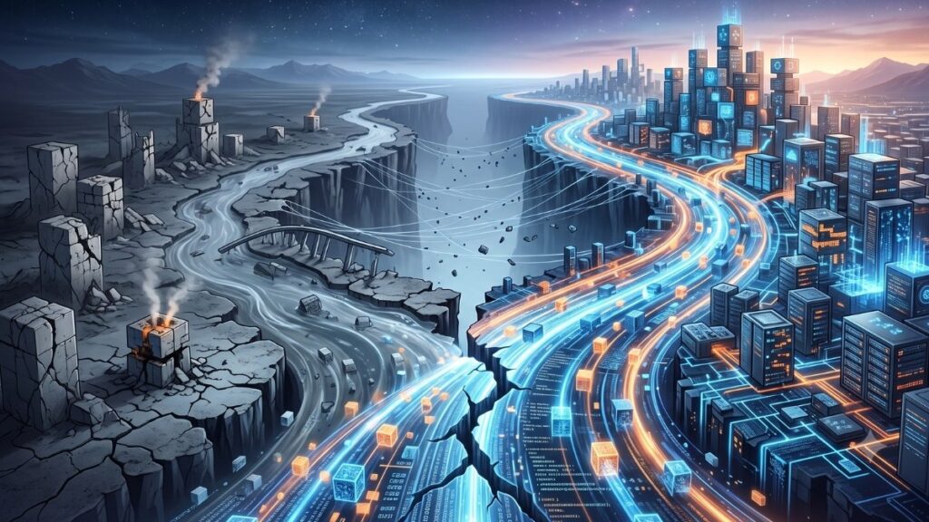 Una ilustración digital amplia y estilizada que muestra una división dramática entre dos caminos divergentes a lo largo de un cañón profundo. A la derecha, un camino vibrante y resplandeciente, compuesto por flujos de datos y cubos luminosos de color azul y naranja, conduce a una ciudad futurista de estructuras de red glowing que prospera. A la izquierda, un paisaje paralelo y desolado está en ruinas, con edificios colapsados, escombros y un río de agua gris. Un quiebre nítido en el primer plano marca el punto de separación. Puentes rotos y filamentos digitales fantasmales e inestables cuelgan precariamente sobre el abismo que se ensancha. Ambos caminos se extienden hacia un horizonte lejano bajo un cielo crepuscular dramático, donde un efecto cósmico brilla sobre la ciudad próspera.