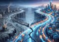 Una ilustración digital amplia y estilizada que muestra una división dramática entre dos caminos divergentes a lo largo de un cañón profundo. A la derecha, un camino vibrante y resplandeciente, compuesto por flujos de datos y cubos luminosos de color azul y naranja, conduce a una ciudad futurista de estructuras de red glowing que prospera. A la izquierda, un paisaje paralelo y desolado está en ruinas, con edificios colapsados, escombros y un río de agua gris. Un quiebre nítido en el primer plano marca el punto de separación. Puentes rotos y filamentos digitales fantasmales e inestables cuelgan precariamente sobre el abismo que se ensancha. Ambos caminos se extienden hacia un horizonte lejano bajo un cielo crepuscular dramático, donde un efecto cósmico brilla sobre la ciudad próspera.