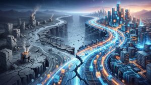 Una ilustración digital amplia y estilizada que muestra una división dramática entre dos caminos divergentes a lo largo de un cañón profundo. A la derecha, un camino vibrante y resplandeciente, compuesto por flujos de datos y cubos luminosos de color azul y naranja, conduce a una ciudad futurista de estructuras de red glowing que prospera. A la izquierda, un paisaje paralelo y desolado está en ruinas, con edificios colapsados, escombros y un río de agua gris. Un quiebre nítido en el primer plano marca el punto de separación. Puentes rotos y filamentos digitales fantasmales e inestables cuelgan precariamente sobre el abismo que se ensancha. Ambos caminos se extienden hacia un horizonte lejano bajo un cielo crepuscular dramático, donde un efecto cósmico brilla sobre la ciudad próspera.