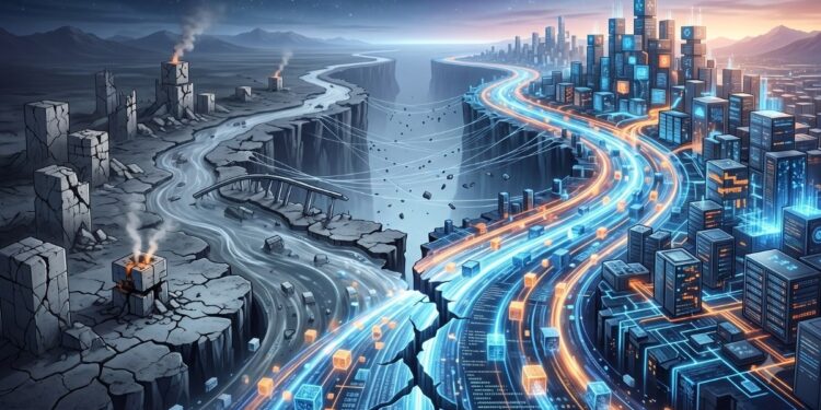 Una ilustración digital amplia y estilizada que muestra una división dramática entre dos caminos divergentes a lo largo de un cañón profundo. A la derecha, un camino vibrante y resplandeciente, compuesto por flujos de datos y cubos luminosos de color azul y naranja, conduce a una ciudad futurista de estructuras de red glowing que prospera. A la izquierda, un paisaje paralelo y desolado está en ruinas, con edificios colapsados, escombros y un río de agua gris. Un quiebre nítido en el primer plano marca el punto de separación. Puentes rotos y filamentos digitales fantasmales e inestables cuelgan precariamente sobre el abismo que se ensancha. Ambos caminos se extienden hacia un horizonte lejano bajo un cielo crepuscular dramático, donde un efecto cósmico brilla sobre la ciudad próspera.
