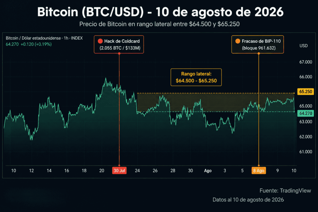 Gráfico del precio de Bitcoin (BTC/USD) entre el 26 de julio y el 10 de agosto de 2026. El precio se mantiene en un rango lateral entre 64.500 y 65.250 dólares. Dos marcadores verticales señalan eventos clave: el 30 de julio, el exploit de Coldcard que drenó 2.055 BTC (133 millones de dólares); y el 8 de agosto, el fracaso de la propuesta BIP-110 en el bloque 961.632. El precio no muestra variaciones significativas tras ninguno de los dos eventos. Fuente: TradingView.