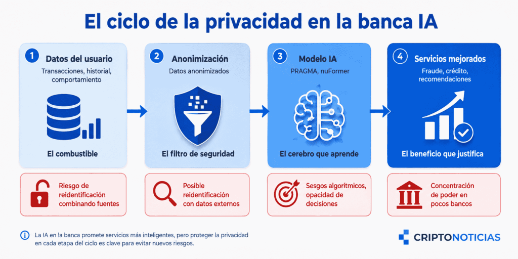 El ciclo de la privacidad en la banca IA: desde los datos del usuario hasta los servicios mejorados, cada fase promete protección pero esconde riesgos. La anonimización no es irreversible, los modelos pueden tener sesgos y el poder se concentra en pocos bancos. (Infografía: CriptoNoticias)