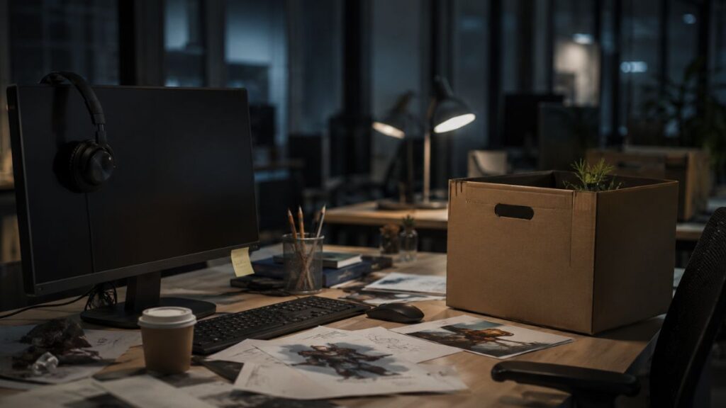 Oficina vacía de noche con caja de cartón en primer plano, evocando la idea de despido laboral.