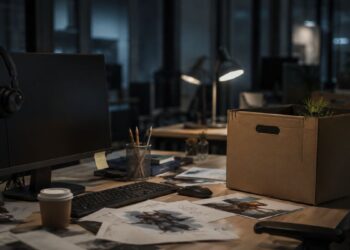 Oficina vacía de noche con caja de cartón en primer plano, evocando la idea de despido laboral.