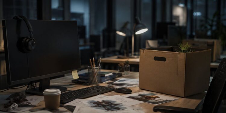 Oficina vacía de noche con caja de cartón en primer plano, evocando la idea de despido laboral.