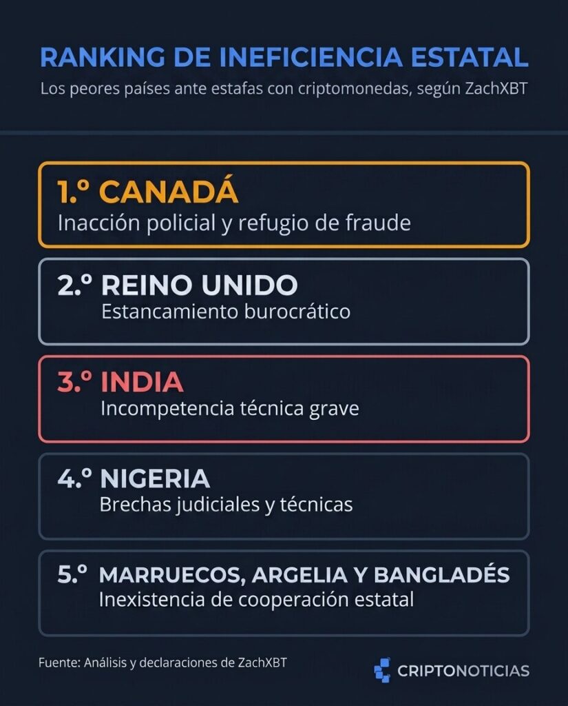 Infografía de CriptNoticias sobre fondo oscuro titulada "Ranking de ineficiencia estatal: los peores países ante estafas con criptomonedas, según ZachXBT". Presenta una lista ordenada de mayor a menor gravedad: 1.º Canadá (destacado en amarillo como refugio de fraude e inacción policial), 2.º Reino Unido (estancamiento burocrático), 3.º India (incompetencia técnica grave), 4.º Nigeria (brechas judiciales y técnicas) y 5.º Marruecos, Argelia y Bangladés empatados (inexistencia de cooperación estatal). En la esquina inferior derecha aparece el logotipo de CriptoNoticias.