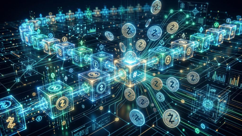 La red de criptomonedas Zcash procesando bloques y transacciones.