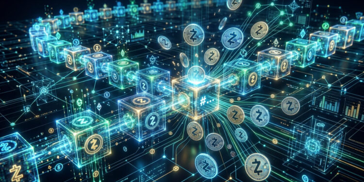 La red de criptomonedas Zcash procesando bloques y transacciones.