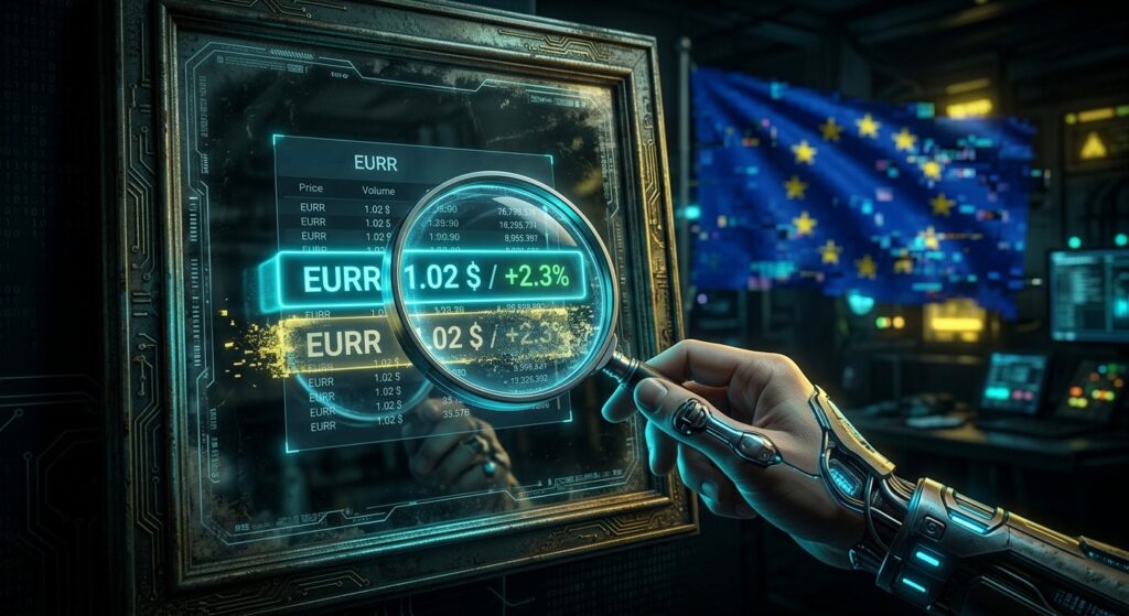 Ilustración editorial de dos monedas digitales idénticas con la etiqueta "EURR" flotando sobre un mapa regulatorio fragmentado de la Unión Europea. Una moneda está agrietada y en estado fantasmal (representando el token de StablR, cuyo precio es un espejismo sin liquidez), mientras que la otra es sólida y metálica (representando el token de Revolut). Un eslabón roto de la cadena "MiCA" se interpone entre ambas, con los pilares de Malta, Luxemburgo y Chipre desconectados en el fondo.