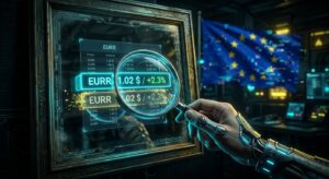 Ilustración editorial de dos monedas digitales idénticas con la etiqueta "EURR" flotando sobre un mapa regulatorio fragmentado de la Unión Europea. Una moneda está agrietada y en estado fantasmal (representando el token de StablR, cuyo precio es un espejismo sin liquidez), mientras que la otra es sólida y metálica (representando el token de Revolut). Un eslabón roto de la cadena "MiCA" se interpone entre ambas, con los pilares de Malta, Luxemburgo y Chipre desconectados en el fondo.