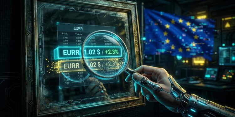 Ilustración editorial de dos monedas digitales idénticas con la etiqueta "EURR" flotando sobre un mapa regulatorio fragmentado de la Unión Europea. Una moneda está agrietada y en estado fantasmal (representando el token de StablR, cuyo precio es un espejismo sin liquidez), mientras que la otra es sólida y metálica (representando el token de Revolut). Un eslabón roto de la cadena "MiCA" se interpone entre ambas, con los pilares de Malta, Luxemburgo y Chipre desconectados en el fondo.