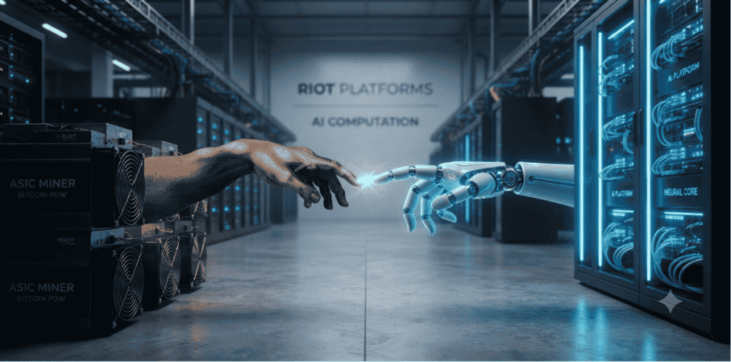 Una mano saliendo de un minero ASIC uniéndose con una mano de IA, un robot.