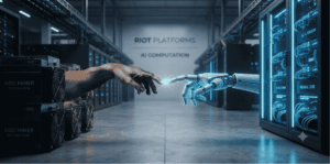Una mano saliendo de un minero ASIC uniéndose con una mano de IA, un robot.
