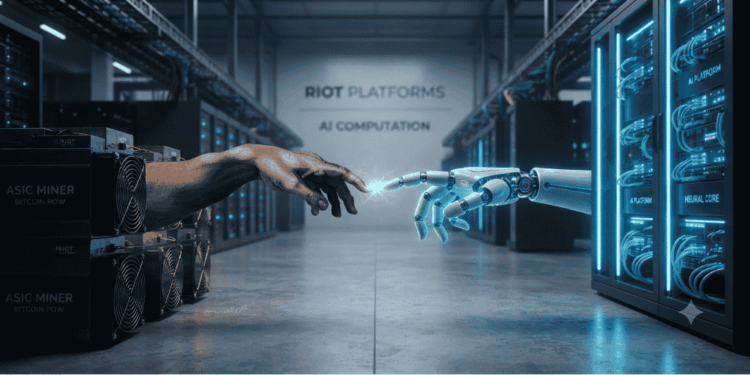 Una mano saliendo de un minero ASIC uniéndose con una mano de IA, un robot.