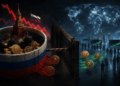 Bandera de Rusia con monedas de criptomonedas
