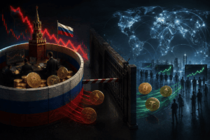 Bandera de Rusia con monedas de criptomonedas