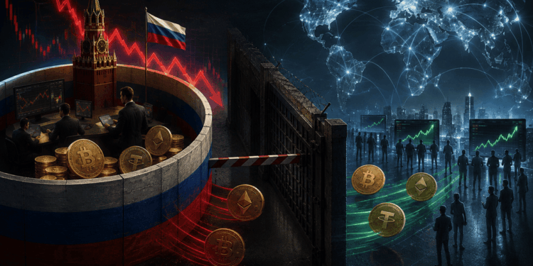 Bandera de Rusia con monedas de criptomonedas