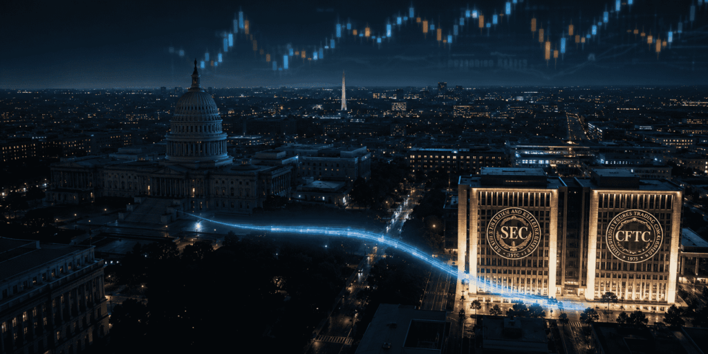 El Capitolio de EE.UU., al fondo, permanece en silencio mientras la SEC y la CFTC toman la iniciativa regulatoria con el Proyecto Crypto. Fuente: Creada usando ChatGPT.