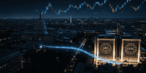 El Capitolio de EE.UU., al fondo, permanece en silencio mientras la SEC y la CFTC toman la iniciativa regulatoria con el Proyecto Crypto. Fuente: Creada usando ChatGPT.