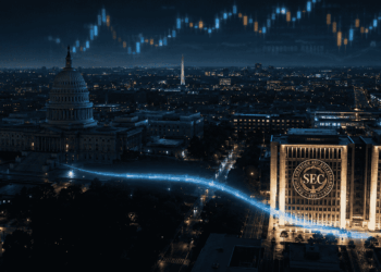 El Capitolio de EE.UU., al fondo, permanece en silencio mientras la SEC y la CFTC toman la iniciativa regulatoria con el Proyecto Crypto. Fuente: Creada usando ChatGPT.