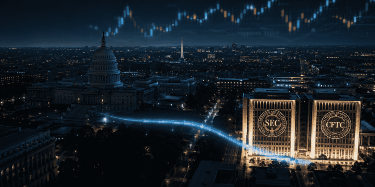 El Capitolio de EE.UU., al fondo, permanece en silencio mientras la SEC y la CFTC toman la iniciativa regulatoria con el Proyecto Crypto. Fuente: Creada usando ChatGPT.
