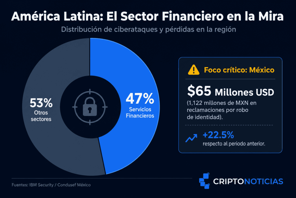 Infografía sobre el aumento global de ciberataques entre 2024 y 2025. Gráfico de barras horizontales sobre fondo oscuro que muestra un incremento del 703% en robo de credenciales, 389% en ransomware y 202% en phishing, según datos de Fortinet. Incluye el logo de CriptoNoticias.