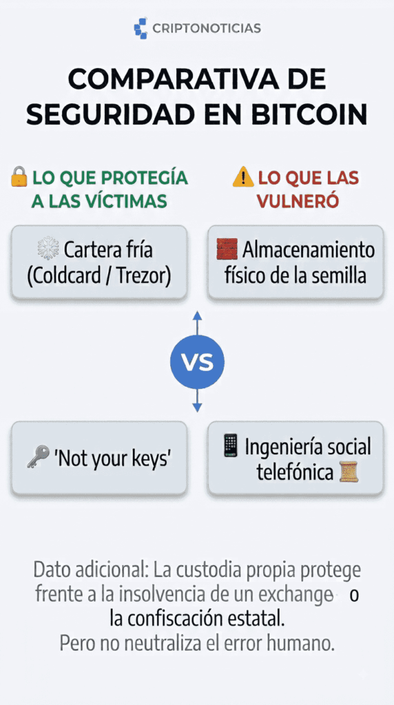 Infografía comparativa sobre el caso Tiffany, una estafa de ingeniería social en Bitcoin. La imagen se divide en dos columnas: "Lo que protegía a las víctimas" (cartera fría Coldcard o Trezor, almacenamiento físico de la semilla y el principio "Not your keys") y "Lo que las vulneró" (ingeniería social telefónica, entrega voluntaria de la semilla y desconocer que el soporte técnico no existe en Bitcoin). En el centro, un círculo azul con la palabra "VS". Al final, una lección destacada: "Don't trust, verify" y la advertencia de que ningún fabricante llama por teléfono para pedir claves privadas. Fuente: Investigación de ZachXBT. CriptoNoticias.