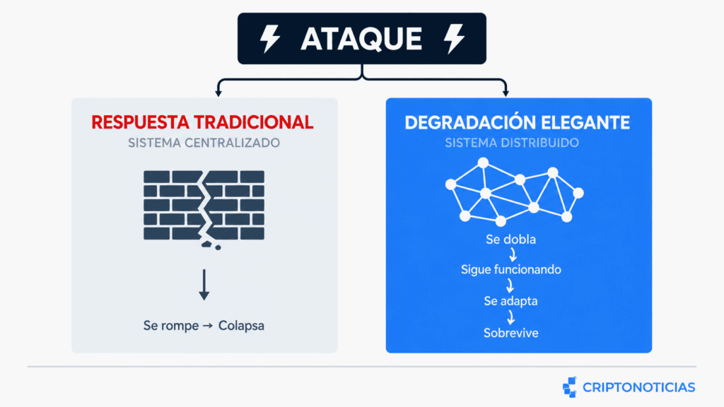 nfografía comparativa de dos columnas. Columna izquierda: modelo de respuesta tradicional, sistema centralizado. Un muro se rompe y el sistema colapsa. Columna derecha: modelo de degradación elegante, sistema distribuido. Una red de nodos se dobla bajo presión, sigue funcionando, se adapta y sobrevive. Título superior: "ATAQUE".