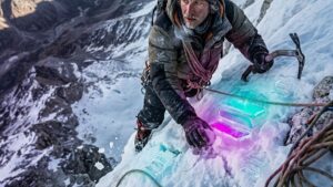 Un hombre sube una montaña llena de nieve y toca el logo de SOL