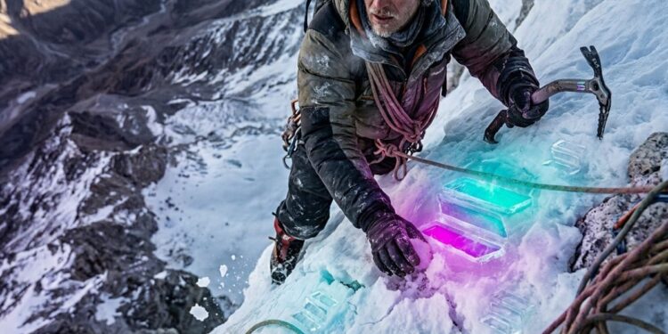 Un hombre sube una montaña llena de nieve y toca el logo de SOL