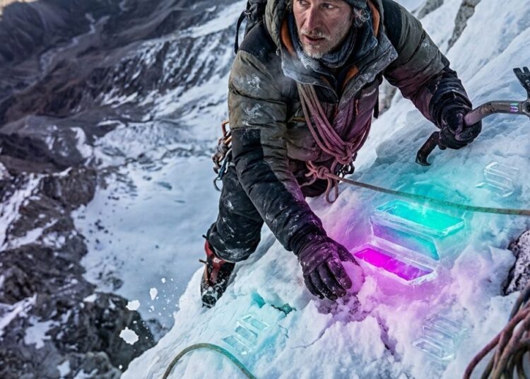 Un hombre sube una montaña llena de nieve y toca el logo de SOL