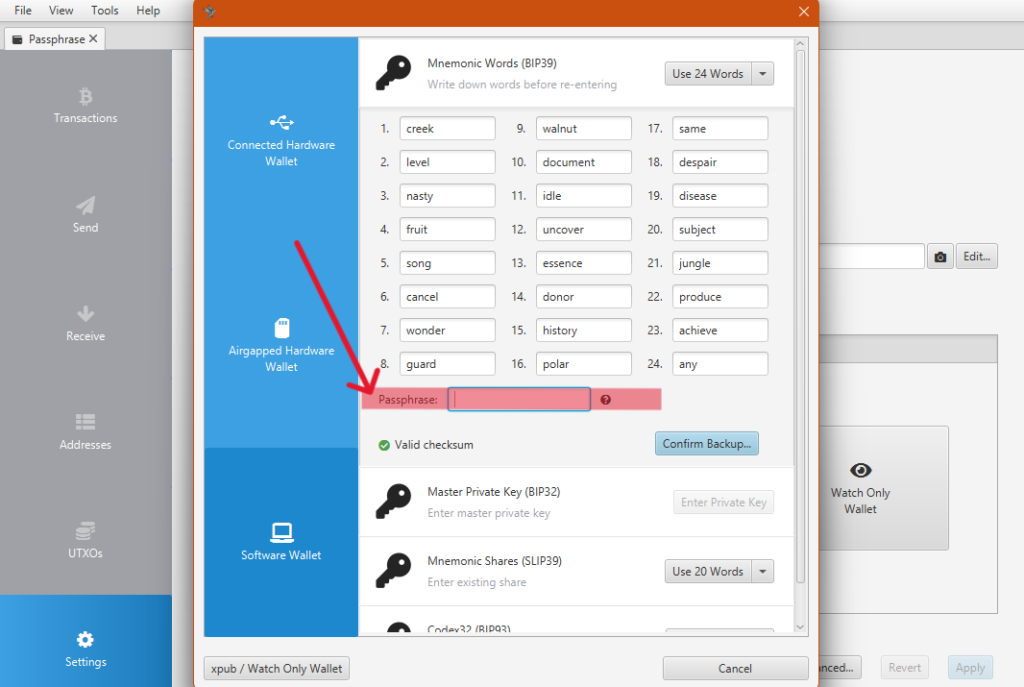 Interfaz de creación de wallets de Bitcoin de Sparrow Wallet.