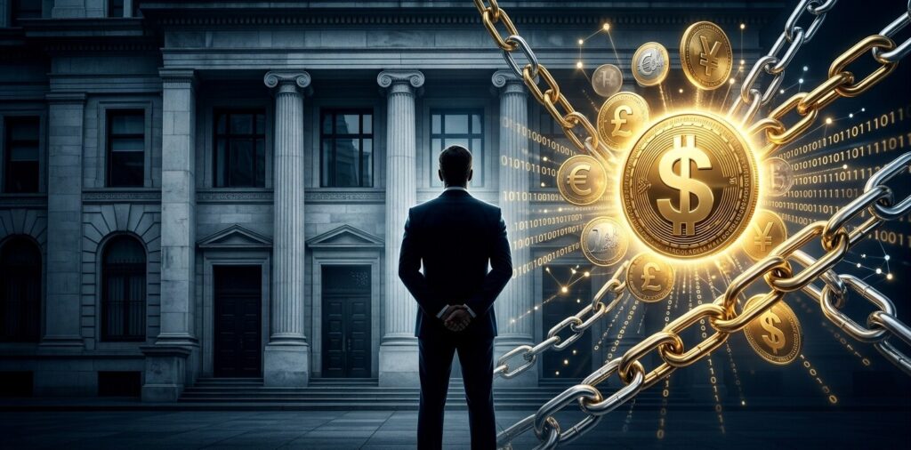 Imagen conceptural. Un hombre con traje oscuro parado de espaldas frente a una institución bancaria. A un costado un lote de símbolos de monedas como el yuan, euro y otras alrededor del símbolo mayor que está en el centro, el dólar.