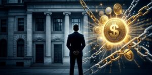 Imagen conceptural. Un hombre con traje oscuro parado de espaldas frente a una institución bancaria. A un costado un lote de símbolos de monedas como el yuan, euro y otras alrededor del símbolo mayor que está en el centro, el dólar.