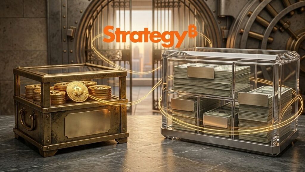 una pila de dólares y una de monedas físicas de bitcoin con el logo de Strategy