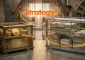 una pila de dólares y una de monedas físicas de bitcoin con el logo de Strategy