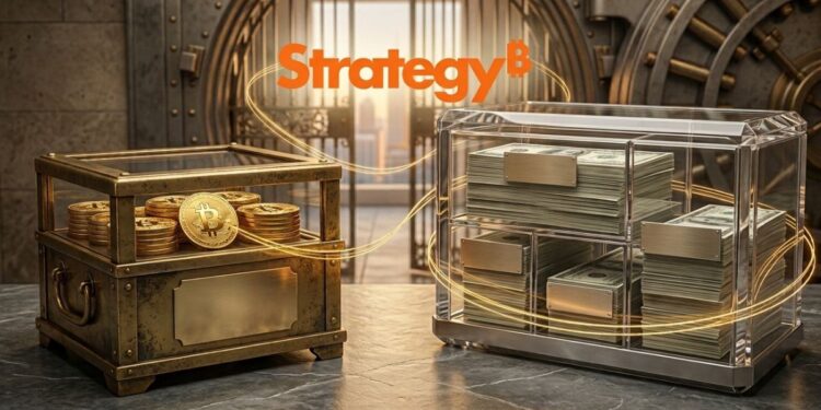 una pila de dólares y una de monedas físicas de bitcoin con el logo de Strategy