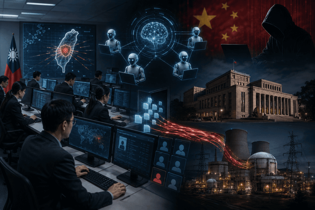 Centro de ciberseguridad con pantallas, inteligencia artificial y ataque digital a Taiwán.