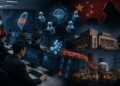 Centro de ciberseguridad con pantallas, inteligencia artificial y ataque digital a Taiwán.