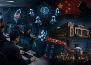 Centro de ciberseguridad con pantallas, inteligencia artificial y ataque digital a Taiwán.