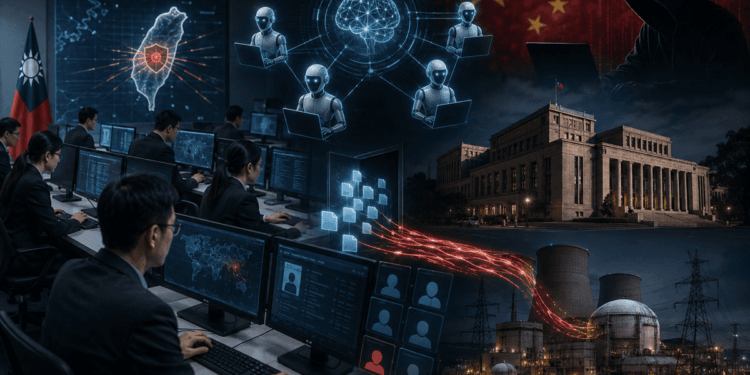 Centro de ciberseguridad con pantallas, inteligencia artificial y ataque digital a Taiwán.