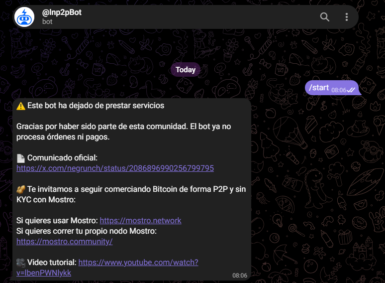 Comunicado del equipo del bot de Telegram LNP2Pbot.