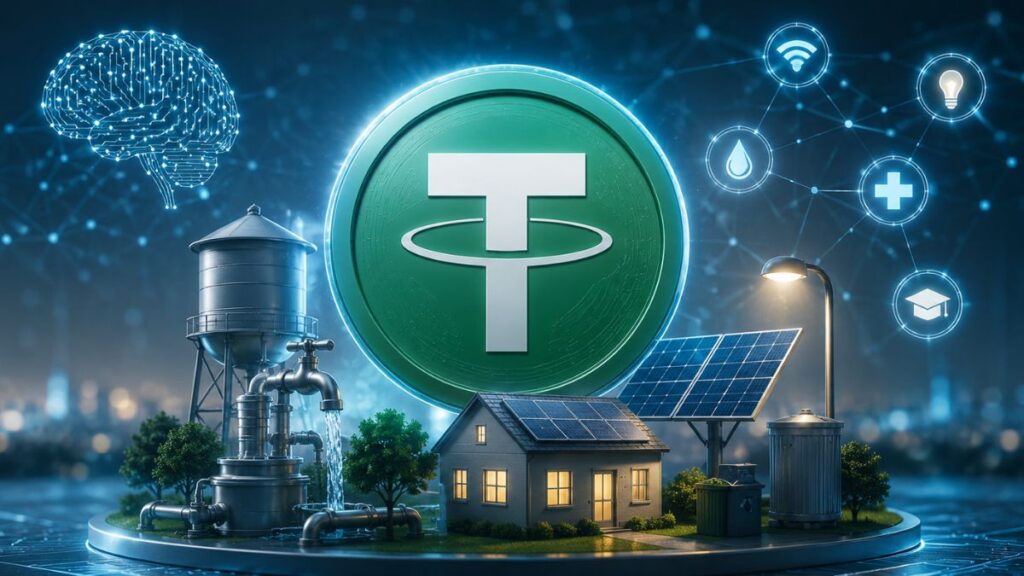 Logo de criptomoneda Tether (USDT) sobre maqueta de ciudad inteligente impulsada por energía solar y agua con iconos tecnológicos digitales